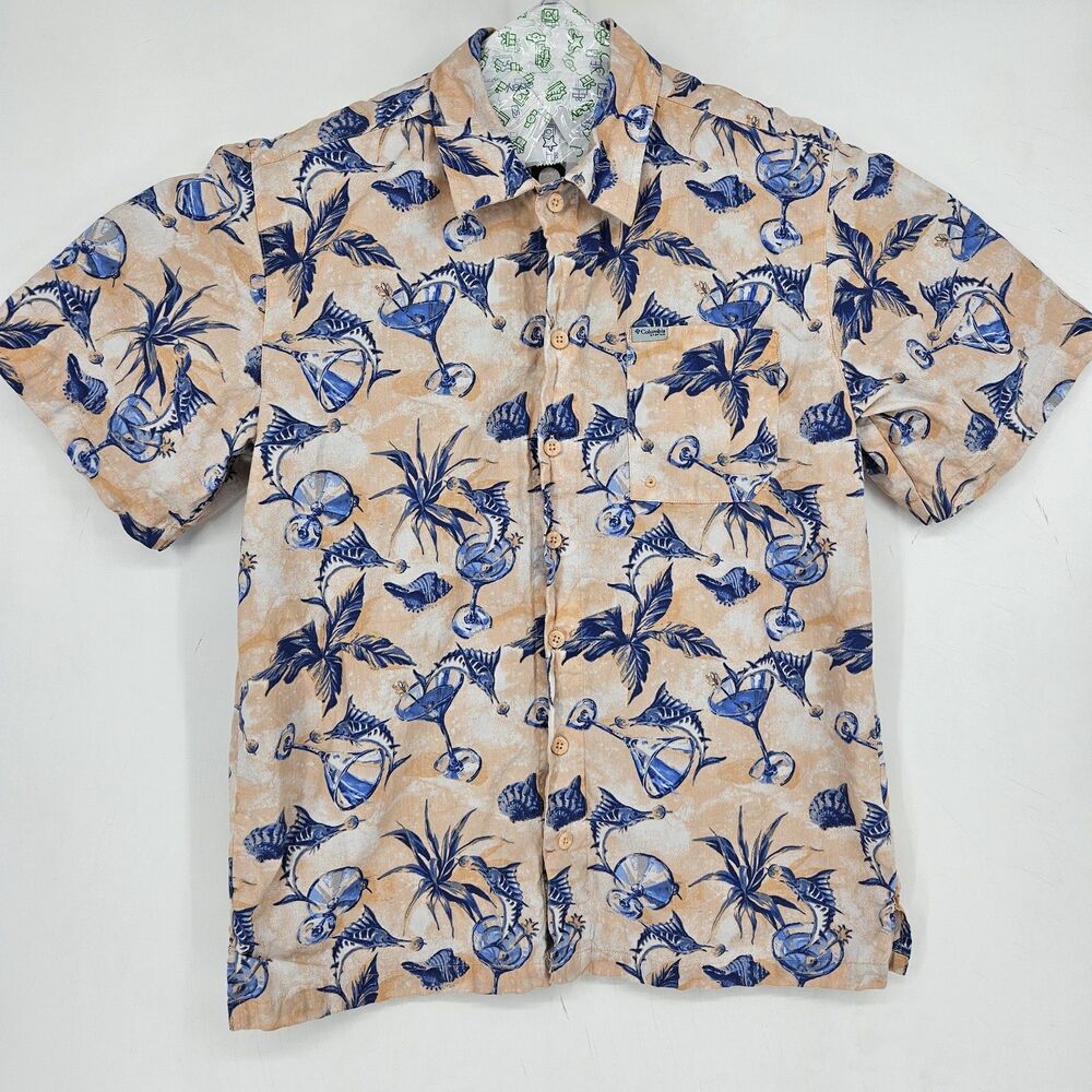 Columbia Shirt Mens Small PFG‎ Vented Fishing Marlins Martini Button Up AOP S